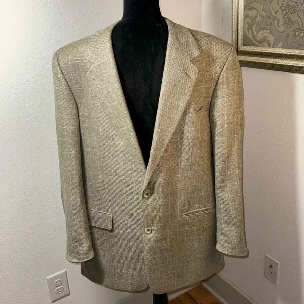 Nordstrom Classics Canvas Tailoring wool‎ / silk blend tan plaid sports coat 44T
